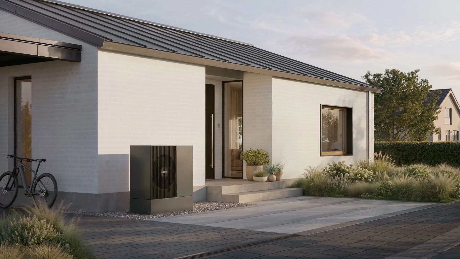 Viessmann Wärmepumpe Vitocal 200-A ie vor einem modernen Einfamilienhaus