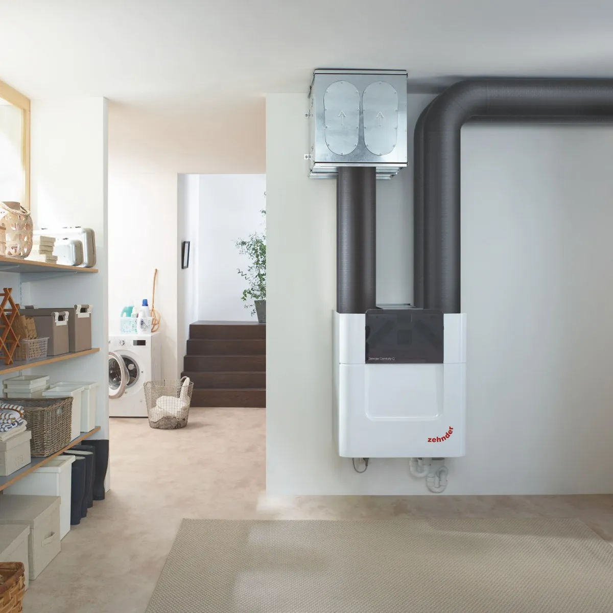 Zehnder ComfoAir Q Lüftungsgerät im Hauswirtschaftsraum