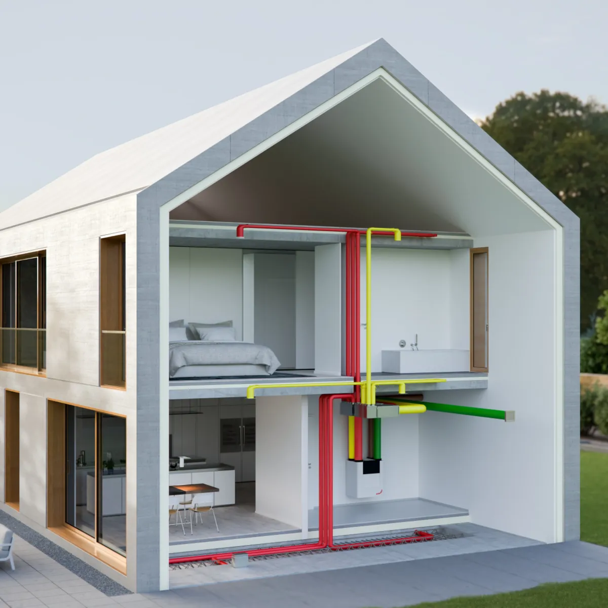 Schnittbild eines Hauses mit kontrollierter Wohnraumlüftung